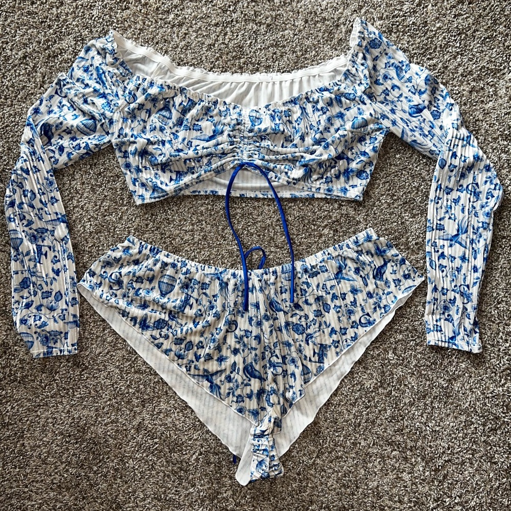Velvet Long-Sleeve Crop Top & Short Set